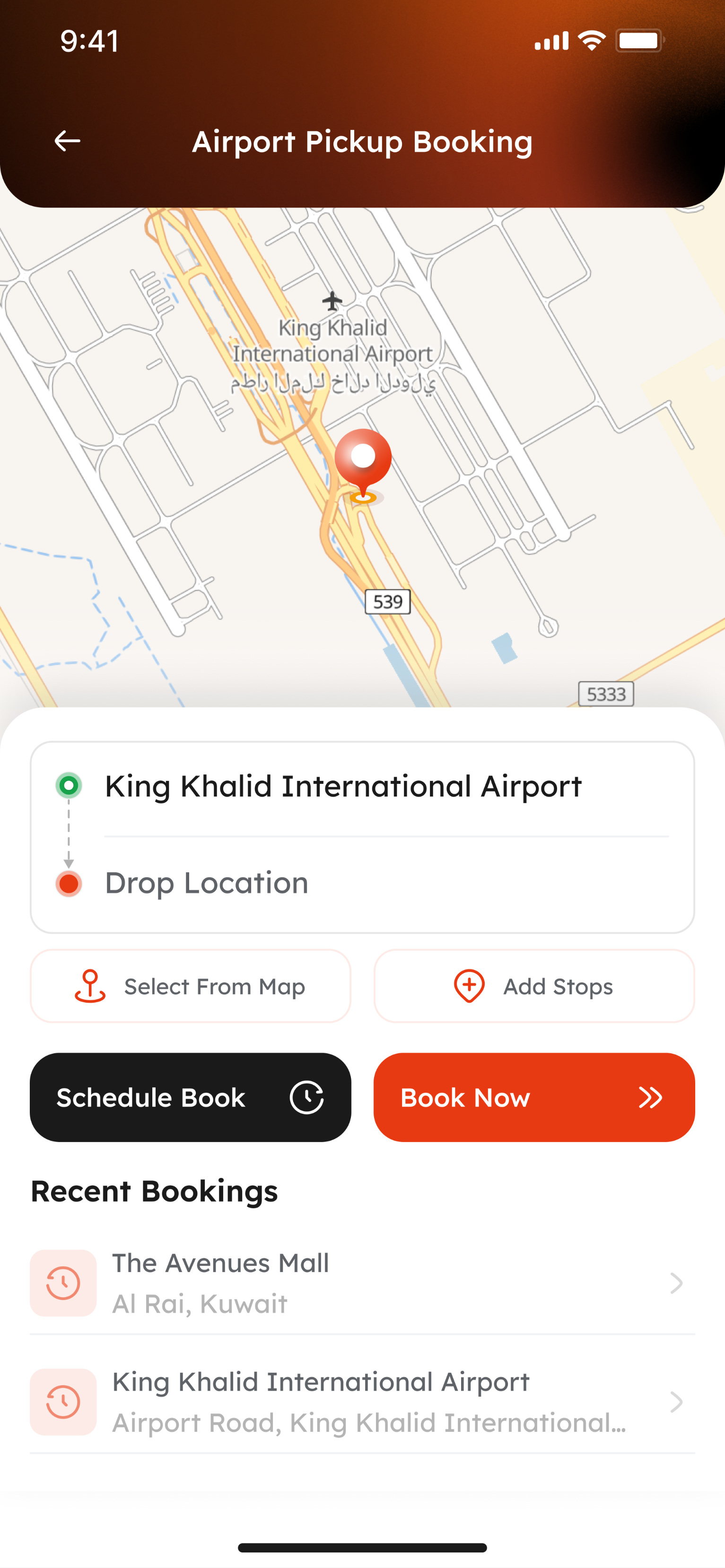 Airport Pickup Booking screen